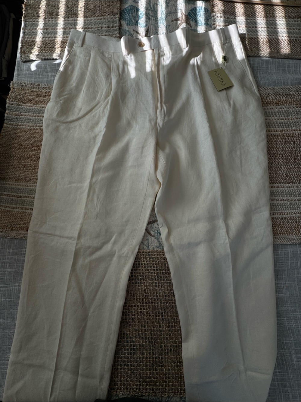 Lauren Ralph Lauren Men's Dress Pants, Linen, Pleated, Cream, Size 46, Unhemmed